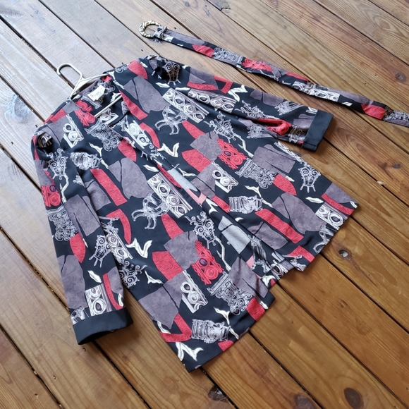 Vintage 80's 90's size 18 XL black red abstract long sleeve open jacket w/ belt - Picture 2 of 7